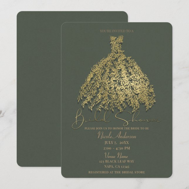 Convite Vestido Botânico Dourado e Verde Rústico para Chá  (Frente/Verso)