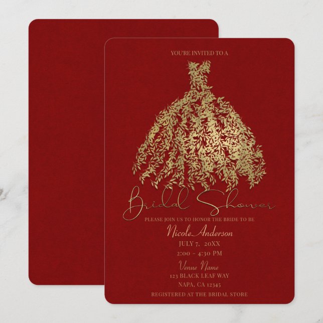 Convite Vestido Botânico Dourado e Vermelho Rústico Chá de (Frente/Verso)