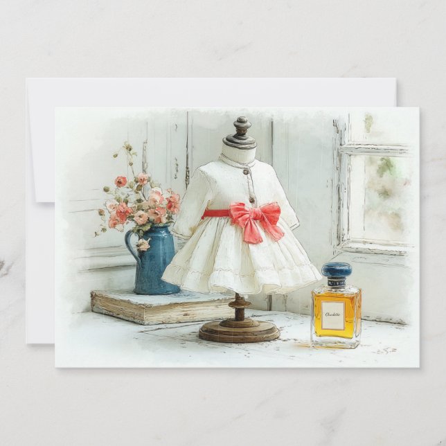 Convite Vestido Branco de 1º Aniversário Perfume com Laço  (Frente)