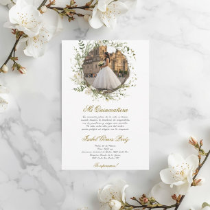 Convite Vestido branco Quinceanera com imagem em espanhol