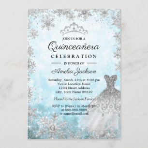 Convite Vestido Brilhante Azul Flocos de Neve Inverno Quin