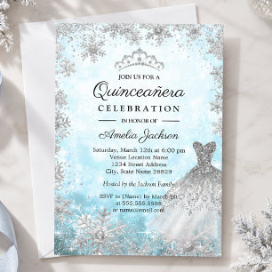 Convite Vestido Brilhante Azul Flocos de Neve Inverno Quin