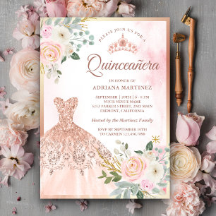 Convite Vestido Brilhante Bege Floral  Rosa Dourado Quince