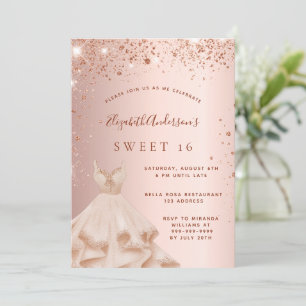 Convite Vestido brilhante de 16 rosa dourado doce