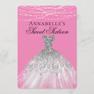 Convite Vestido brilhante de diamante rosa e prata doce 16