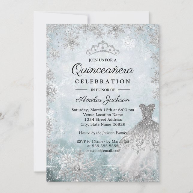 Convite Vestido Brilhante Flocos de Neve Azul Quinceanera  (Frente)
