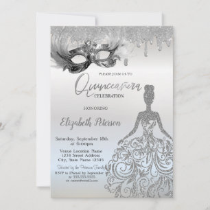 Convite Vestido Brilhante Masque Drips Prata Quinceanera