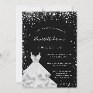 Convite Vestido brilhante prateado preto Doce 16