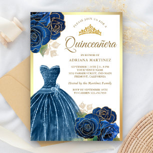 Convite Vestido Brilhante Rosas Azuis Navy Dourado Quincea