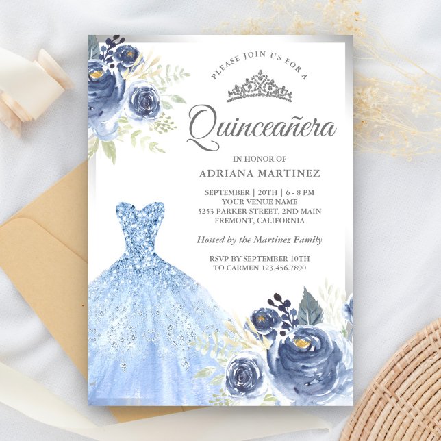 Convite Vestido Brilhante Rosas Azuis Suaves Prata Quincea (Criador carregado)