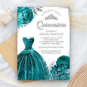 Convite Vestido Brilhante Rosas Teal Prata Quinceanera