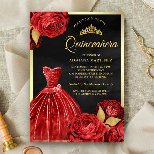 Convite Vestido Brilhante Rosas Vermelhas Preto Dourado Qu