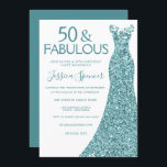 Convite Vestido brilhante verde azul lacrimogêneo 50ª Fest<br><div class="desc">Teal Blue Glitter Vestir 50ª Variações do Convite de aniversário para o convite e itens correspondentes em nossa loja</div>