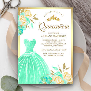 Convite Vestido Brilhante Verde-Menta Floral Dourado Quinc