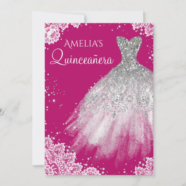 Convite Vestido Brilho Branco Renda Rosa Quinceanera (Frente)