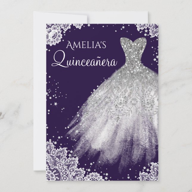 Convite Vestido Brilho Branco Renda Roxo Quinceanera (Frente)