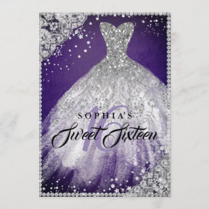 Convite Vestido Brilho de Renda Diamante Roxo Prata Sweet