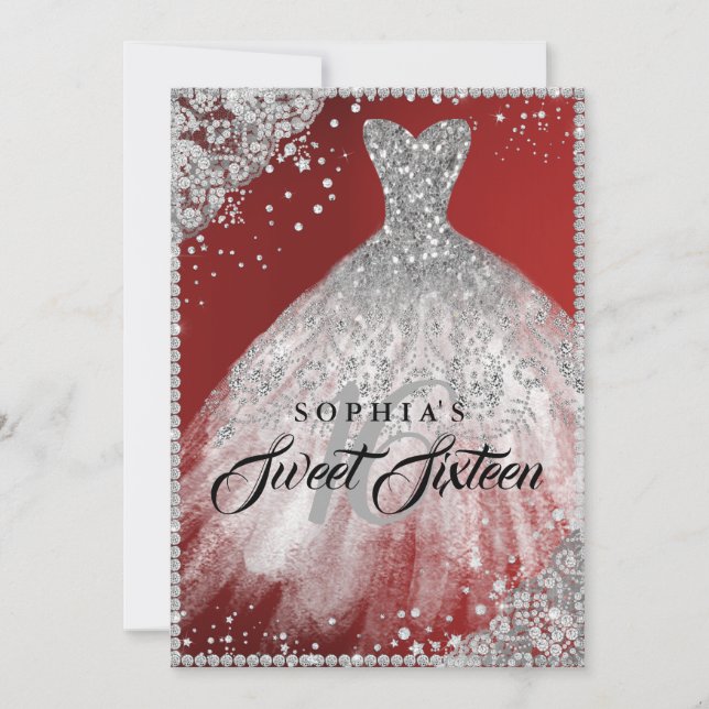 Convite Vestido Brilho de Renda Diamante Vermelho Prata Sw (Frente)