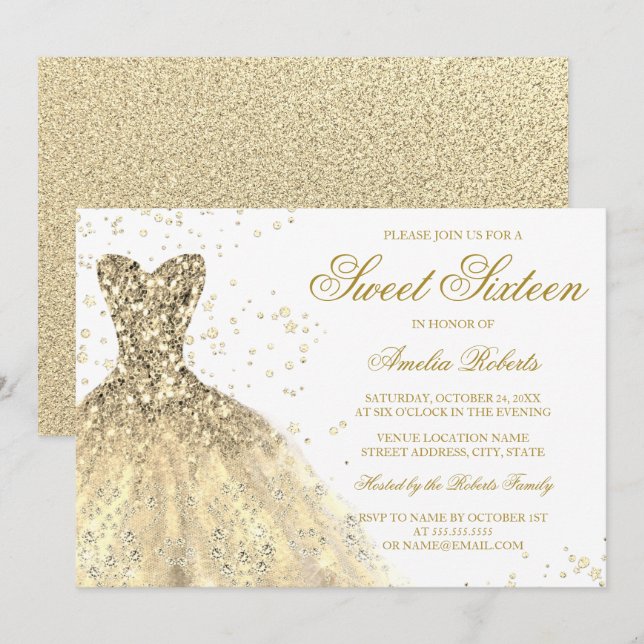 Convite Vestido Brilho Dourado Lantejoulas Doce 16 Anivers (Frente/Verso)