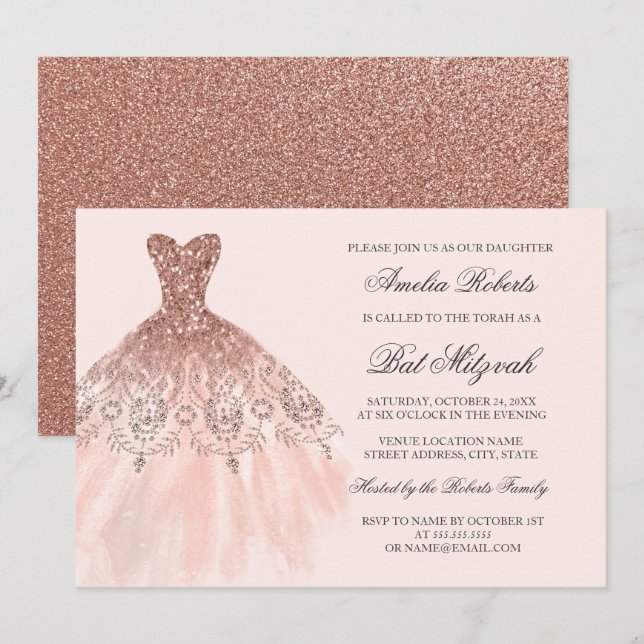Convite Vestido Brilho Dourado Rosa Bat Mitzvah (Frente/Verso)