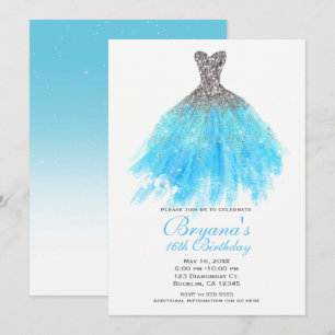 Convite Vestido Brilho Prata Azul Água Glamour Festa Doce