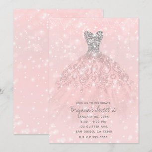Convite Vestido Brilho Prata Pêssego Rosa Brilho Doce 16