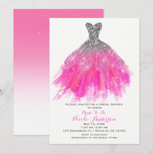 Convite Vestido Brilho Rosa e Prata Glamour Chá de Noiva