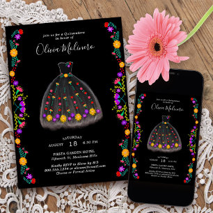 Convite Vestido Charro Preto de Festa Mexicana Quinceanera
