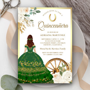 Convite Vestido Charro Verde Floral de Marfim Quinceanera 