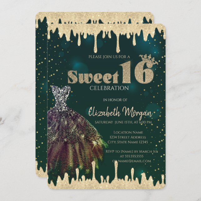 Convite Vestido Chic,Brilhante Grelha Verde Doce 16 (Frente/Verso)