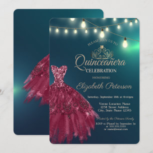 Convite Vestido Chic Burgundy, Tiara Green Quinceañera 