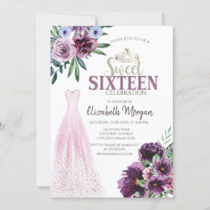 Convite Vestido Chic, Flores Roxas Sweet 16