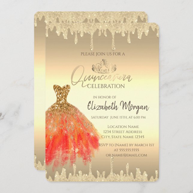 Convite Vestido Chic, Glitter Gota Dourada Quinceañera (Frente/Verso)