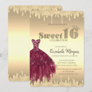 Convite Vestido Chique, Brilho Gotejante Dourado Sweet 16
