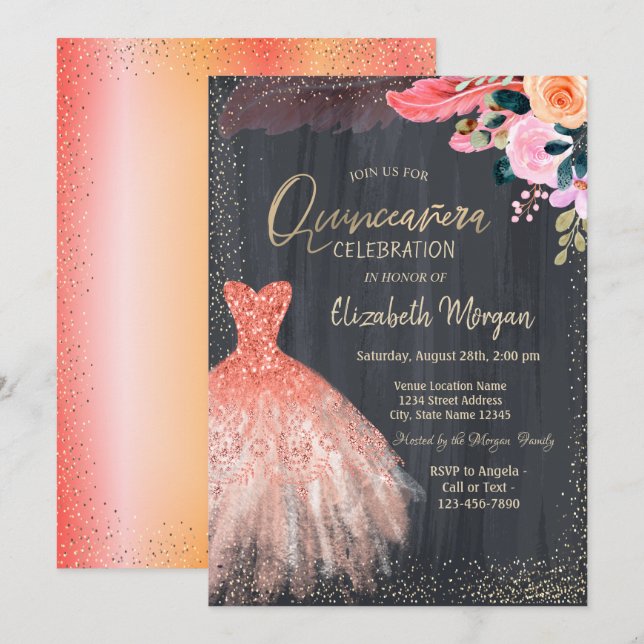 Convite Vestido Chique, Flores Pena Quinceanera (Frente/Verso)