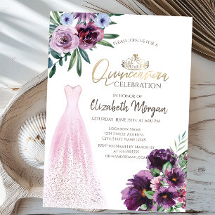 Convite Vestido Chique, Flores Roxas Quinceañera