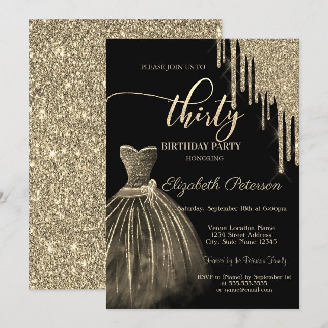 Convite Vestido Chique, Pingos de Brilho Dourado Aniversár (Frente/Verso)