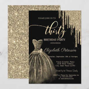Convite Vestido Chique, Pingos de Brilho Dourado Aniversár
