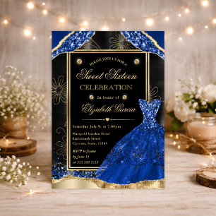 Convite Vestido com Brilho Dourado e Azul Real Sweet Sixte