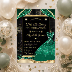 Convite Vestido com Brilho Dourado e Verde para Aniversári