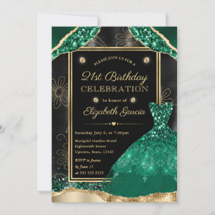 Convite Vestido com Brilho Dourado e Verde para Aniversári