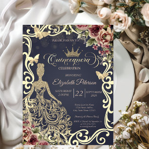 Convite Vestido com Brilho Dourado, Moldura Floral de Borb