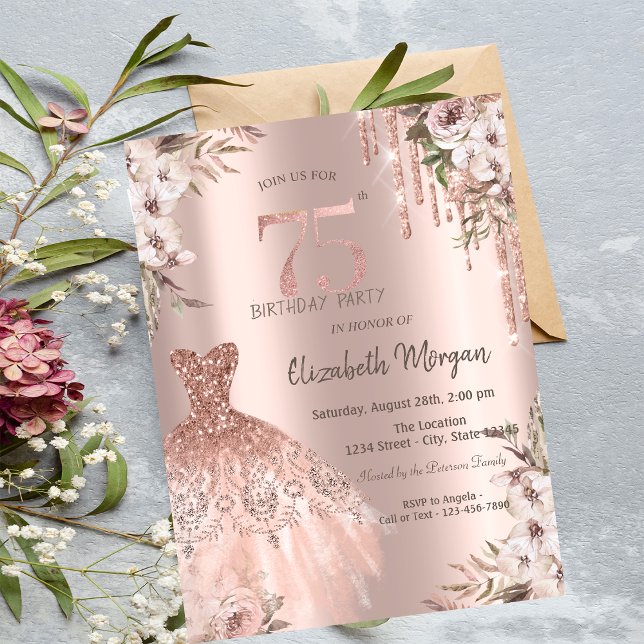 Convite Vestido com Brilho Dourado Rosa e Gotas Florais pa (Criador carregado)