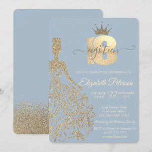 Convite Vestido com Brilho Dourado, Tiara, Azul Empoeirado