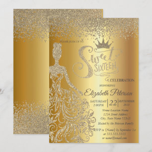 Convite Vestido com Brilho Dourado, Tiara, Diamantes Sweet