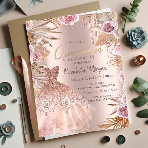 Convite Vestido com Brilho Pampas Flores Quinceañera
