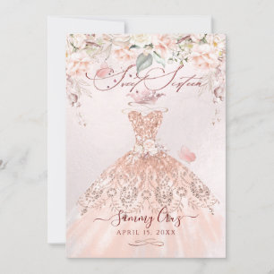 Convite Vestido com Brilho Rosa Ouro para Festa de Quinze 