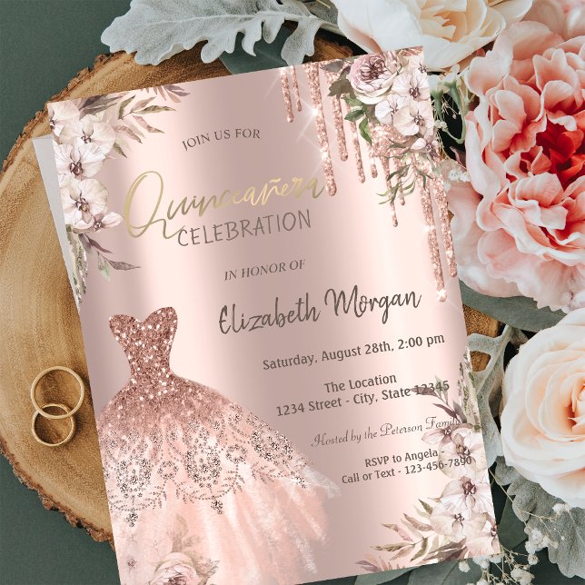 Convite Vestido com Flores e Brilho Dourado Rosa para Quin (Criador carregado)