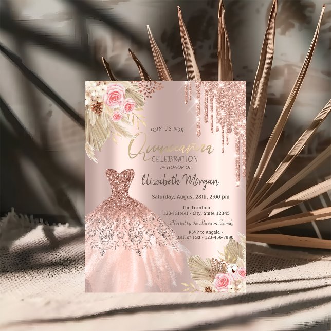 Convite Vestido com Flores e Brilho Dourado Rosa para Quin (Criador carregado)