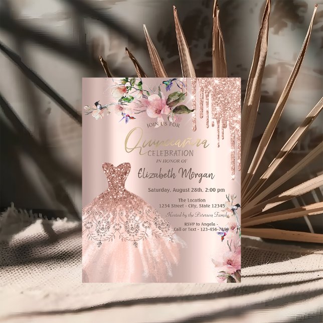 Convite Vestido com Gotas de Brilho Flores de Primavera Qu (Criador carregado)